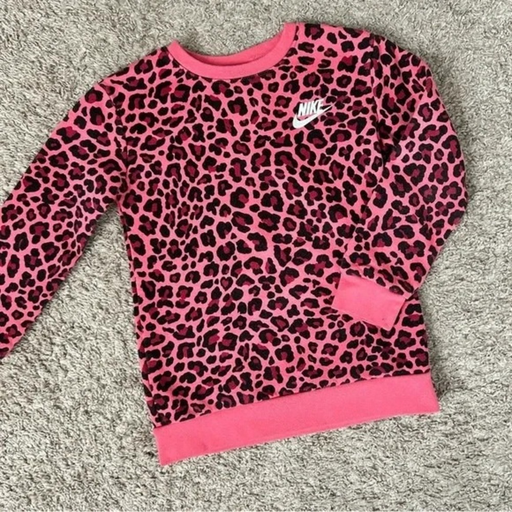 Nike I Kids Girls Pink‎ Black Leopard Print Crewneck Sweatshirt I Size M (6/8) - Picture 2 of 8